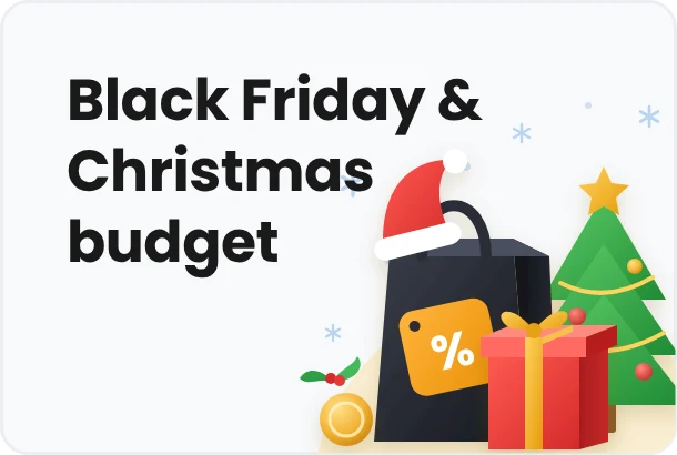 Shopping bag with a discount tag and Santa hat, a wrapped Christmas gift and a Christmas tree