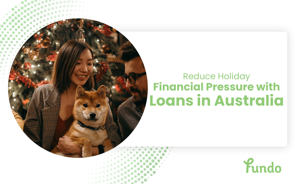 an image of a happy couple and their dog sitting in front of a christmas tree for the Fundo article about holiday loans in Australia