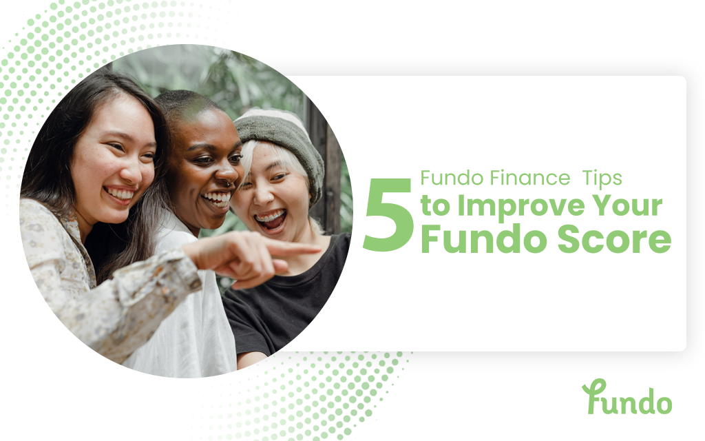 three happy friends pointing to Fundo blog title about improving Fundo Credit Score