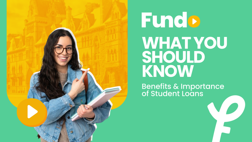 A female student wearing glasses and a bag, holding a book, pointing at the title "what you should know: Benefits and Importance of Student Loans"